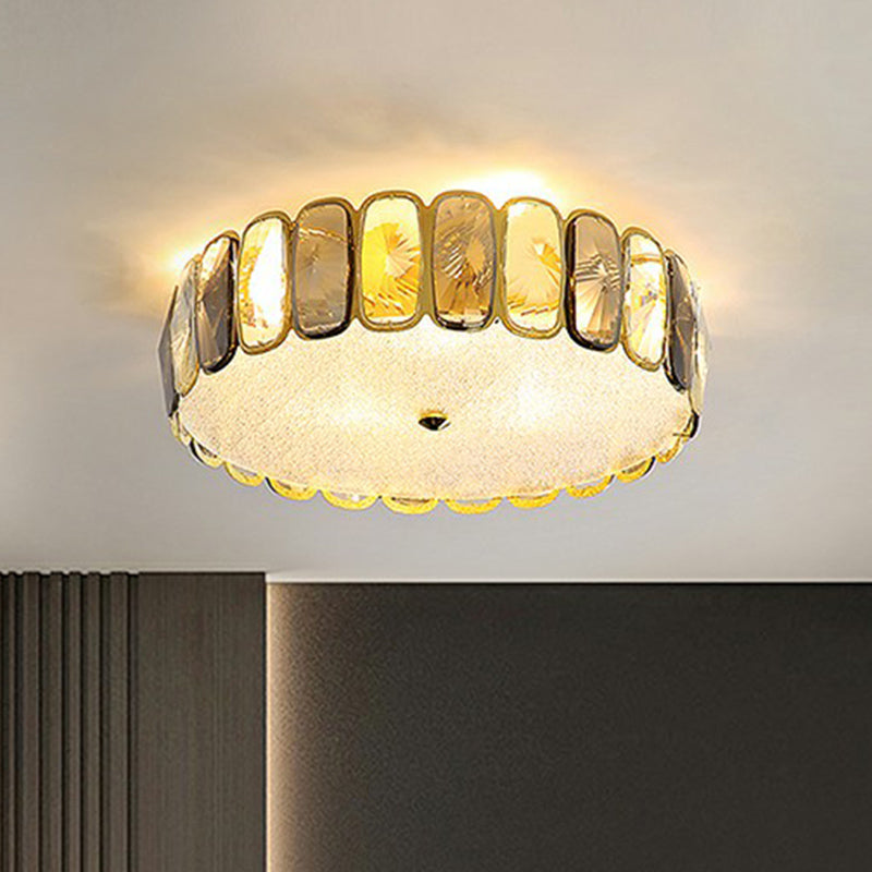 Postmodern Drum Ceiling Flush Light Fixture Smoky and Amber Crystal Living Room LED Flush Mount in Brass