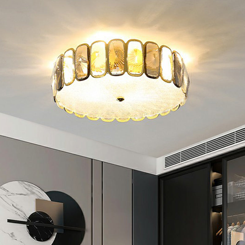 Postmodern Drum Ceiling Flush Light Fixture Smoky and Amber Crystal Living Room LED Flush Mount in Brass