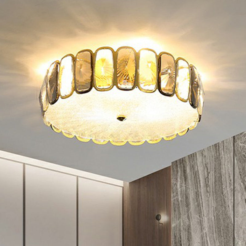 Postmodern Drum Ceiling Flush Light Fixture Smoky and Amber Crystal Living Room LED Flush Mount in Brass