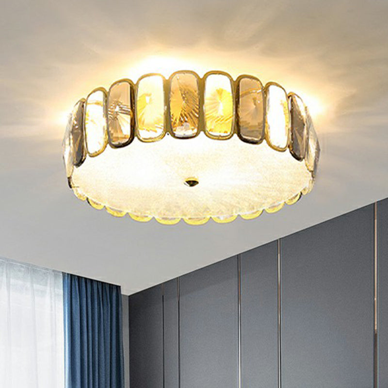 Postmodern Drum Ceiling Flush Light Fixture Smoky and Amber Crystal Living Room LED Flush Mount in Brass