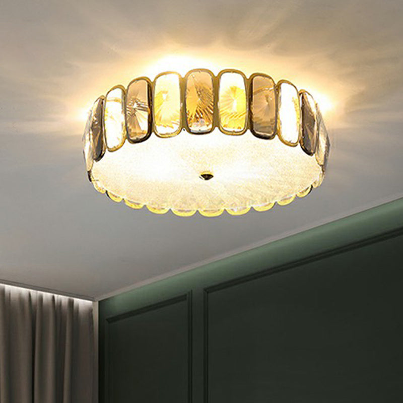 Postmodern Drum Ceiling Flush Light Fixture Smoky and Amber Crystal Living Room LED Flush Mount in Brass