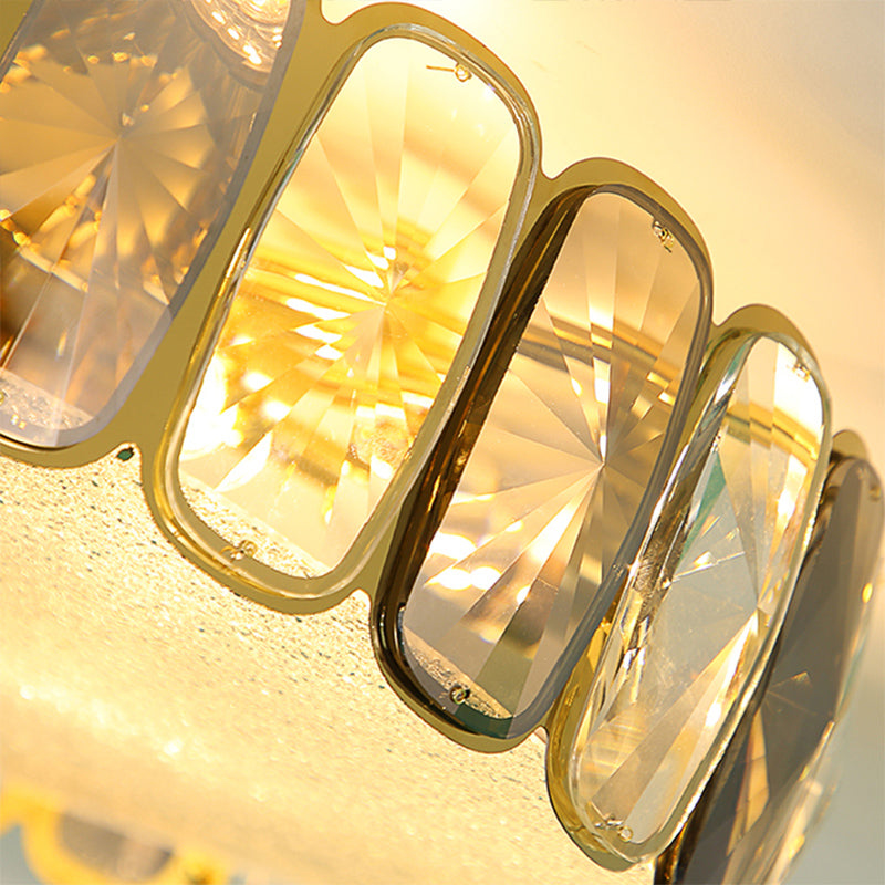 Postmodern Drum Ceiling Flush Light Fixture Smoky and Amber Crystal Living Room LED Flush Mount in Brass