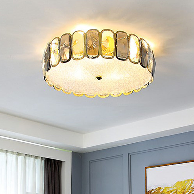 Postmodern Drum Ceiling Flush Light Fixture Smoky and Amber Crystal Living Room LED Flush Mount in Brass
