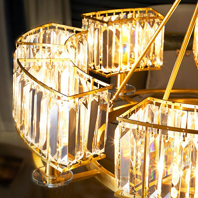 Gold Finish kreisförmiger Kronleuchter minimalistischer Kristallblock Deckenhängung Lampe für Wohnzimmer