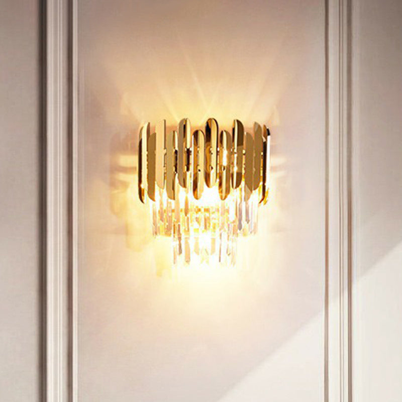 Brass Tiered Flush Wall Sconce Postmodern 3 Lights Crystal Wall Lighting for Bedroom
