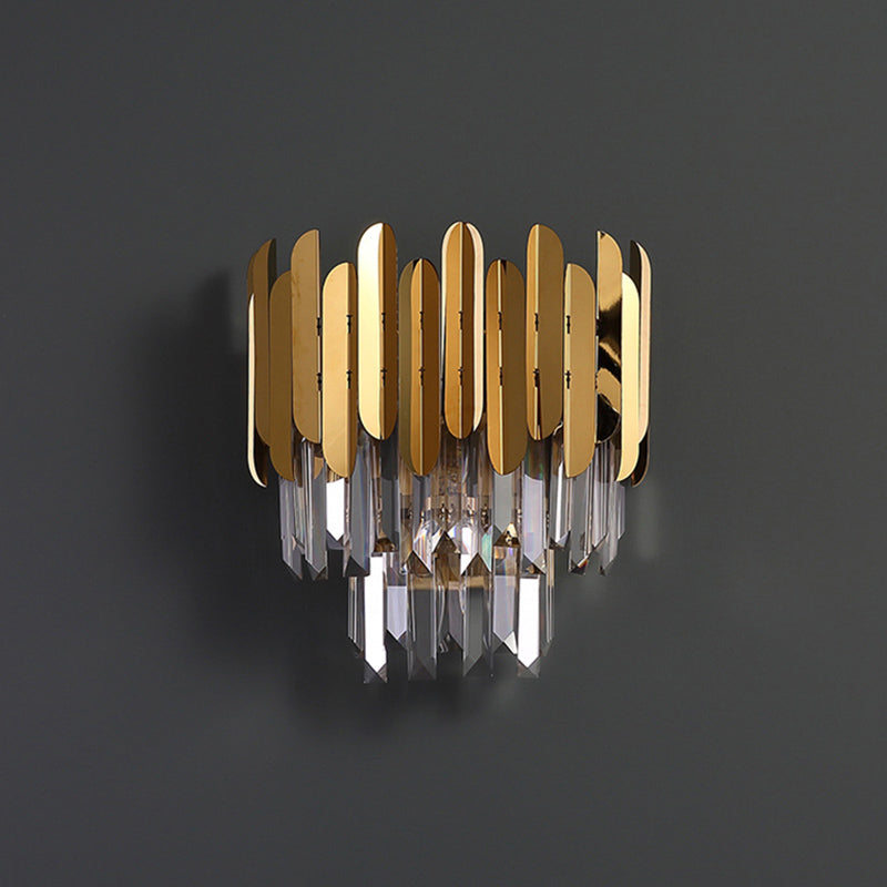 Brass Tiered Flush Wall Sconce Postmodern 3 Lights Crystal Wall Lighting for Bedroom