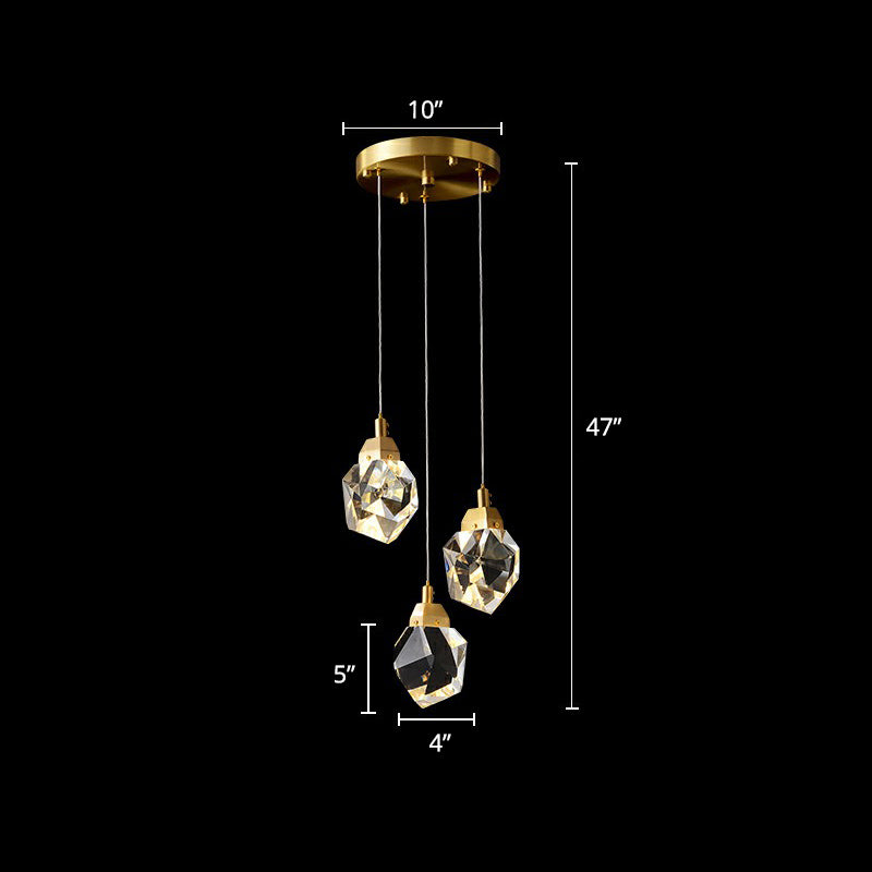 Crystal Gem Cluster Pendant Light Minimalistic Brass LED Pendulum Light for Staircase