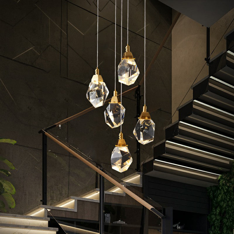 Crystal Gem Cluster Pendant Light Minimalistic Brass LED Pendulum Light for Staircase