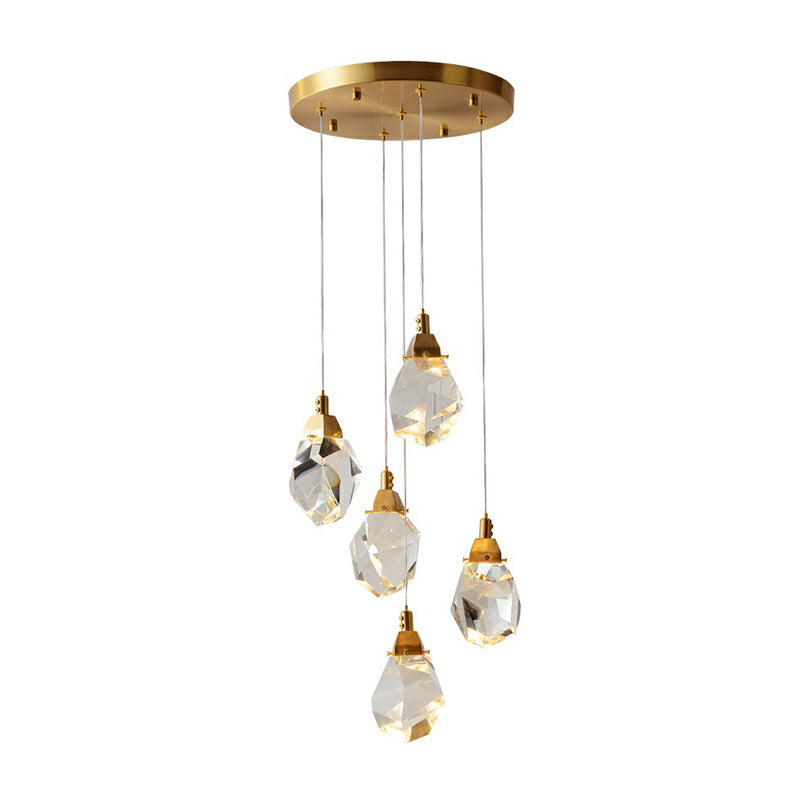 Crystal Gem Cluster Pendant Light Minimalistic Brass LED Pendulum Light for Staircase