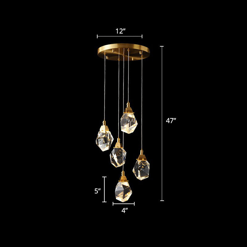 Crystal Gem Cluster Pendant Light Minimalistic Brass LED Pendulum Light for Staircase