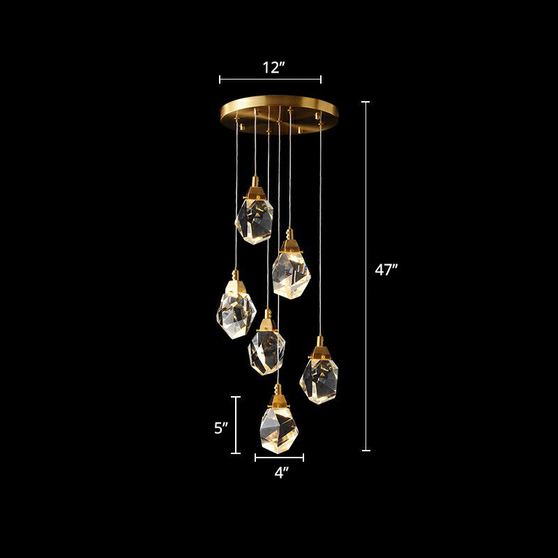 Crystal Gem Cluster Pendant Light Minimalistic Brass LED Pendulum Light for Staircase