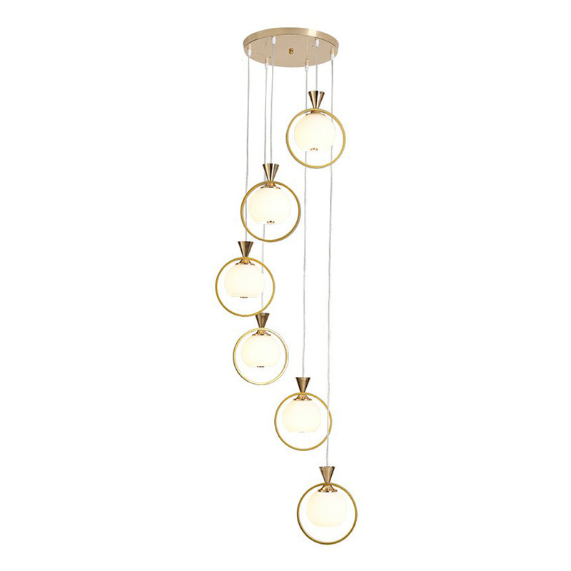 Éclairage de suspension en forme de balle Simplicité Verre blanc Verre 6-Light Multi-pendentif avec boucle métallique en or