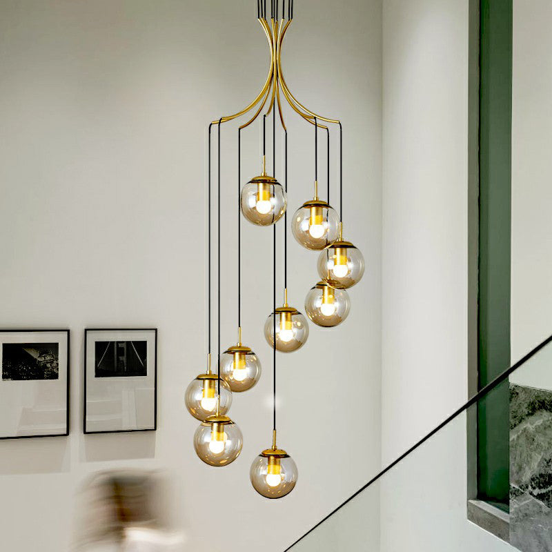 Cognac Glass Ball Pendant Lighting Postmodern Gold Multi Hanging Light Fixture for Villa