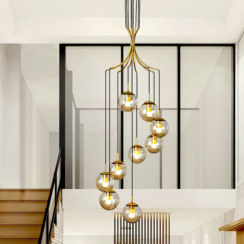 Cognac Glass Ball Pendant Lighting Postmodern Gold Multi Hanging Light Fixture for Villa