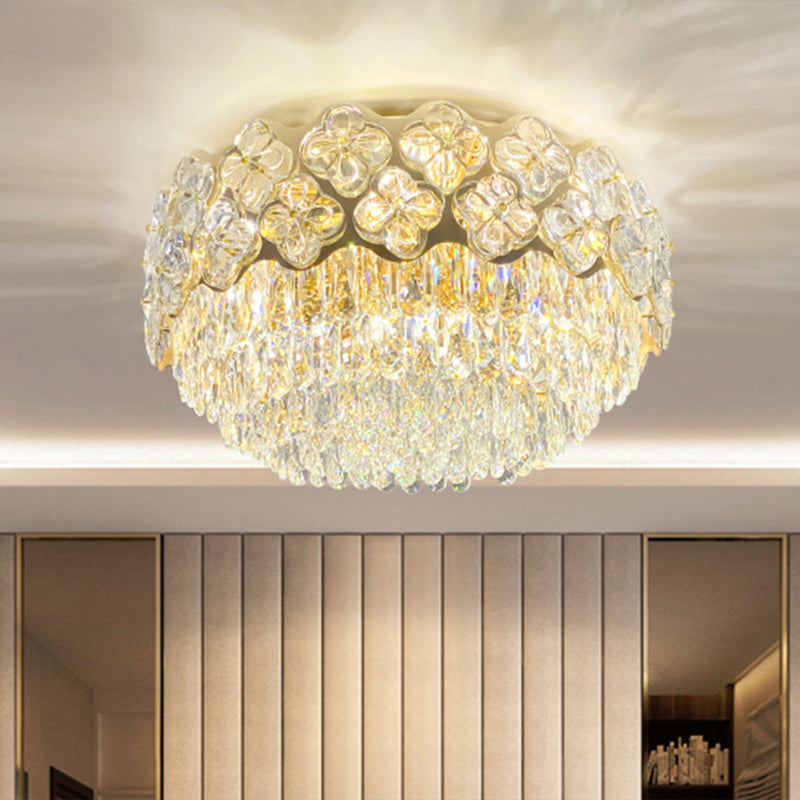 Drum Shaped Bedroom Ceiling Light Opulent Crystal 3-Light Minimalist Flush Mount Light in Clear