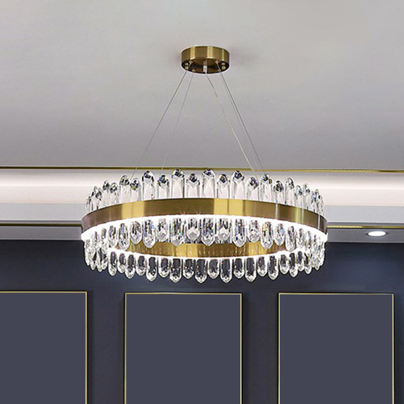 Gold Finish Halo Chandelier Pendant Minimalist K9 Crystal Icicle LED Hanging Light Fixture