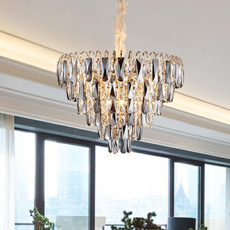 Minimalist Cone Pendant Chandelier K9 Smoke Grey Crystal Living Room Suspension Lamp