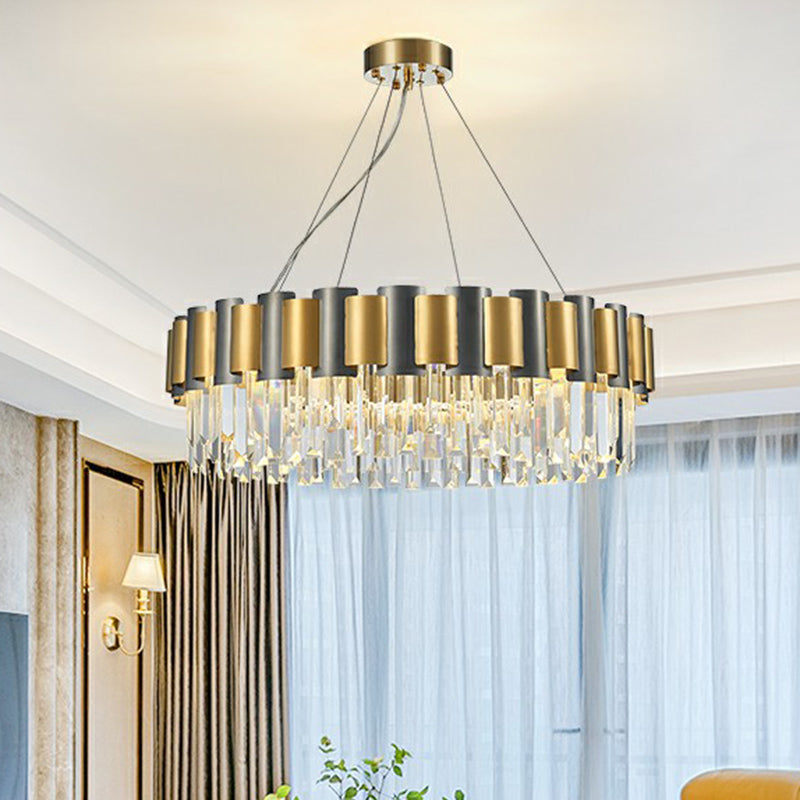 Circular Crystal Prism Hanging Lamp Simplicity Gold and Black Chandelier Pendant Light