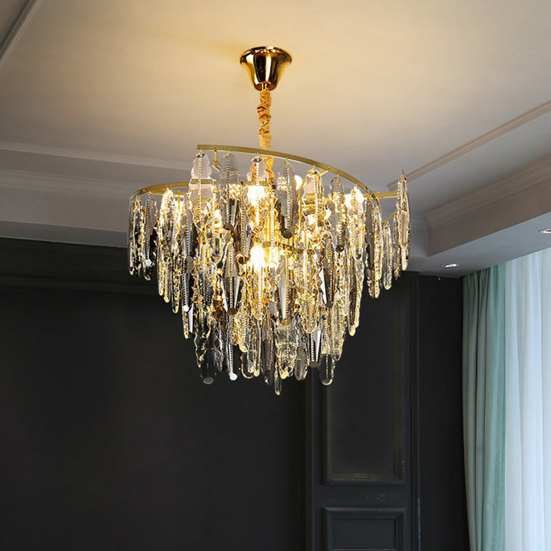 Postmodern Leaf Shaped Chandelier Smoke Grey Crystal 10-Light Living Room Suspension Light