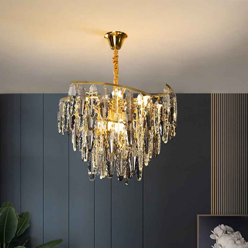 Postmodern Leaf Shaped Chandelier Smoke Grey Crystal 10-Light Living Room Suspension Light