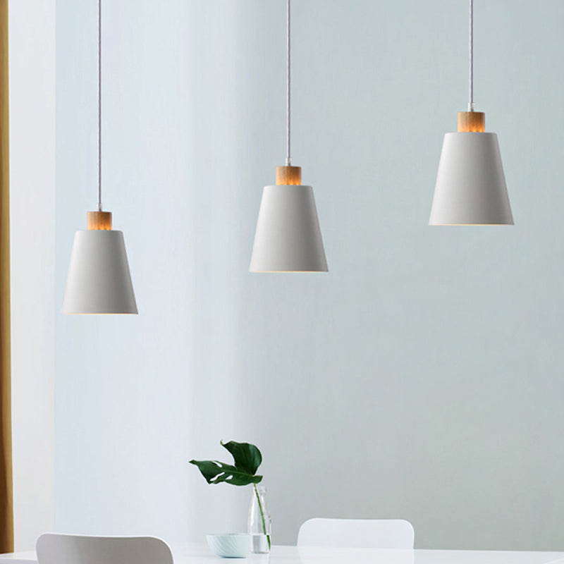 Contemporary Bucket Shade Pendant Lamp Metallic White Finish Hanging Light with Round/Linear Canopy for Hallway