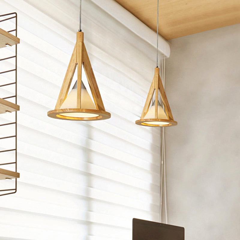 Modern Cone Pendant Light Wood & Frosted Glass Hanging Light in Beige for Coffee Shop