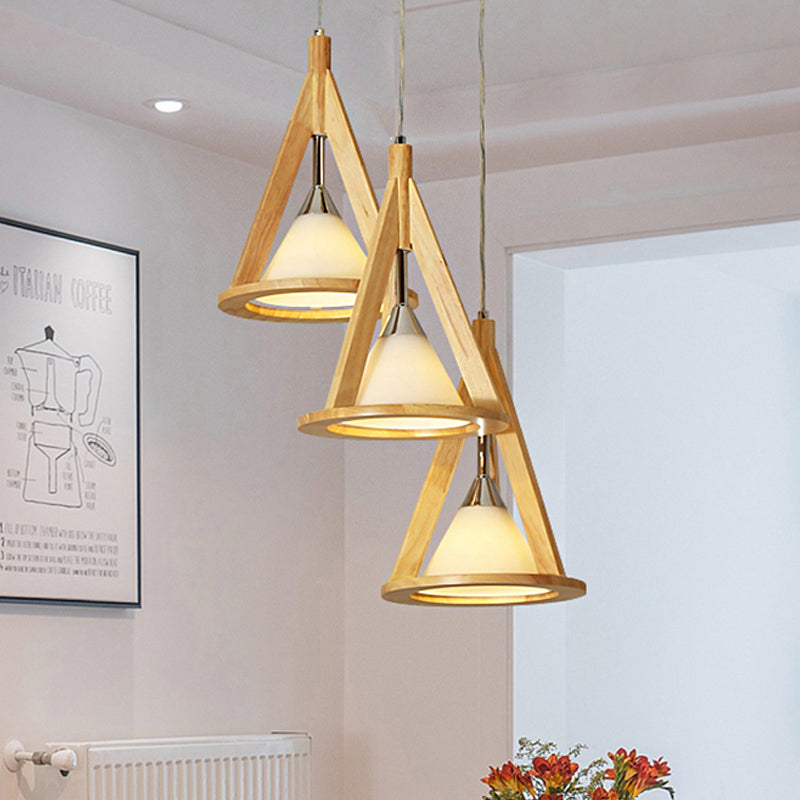 Modern Cone Pendant Light Wood & Frosted Glass Hanging Light in Beige for Coffee Shop
