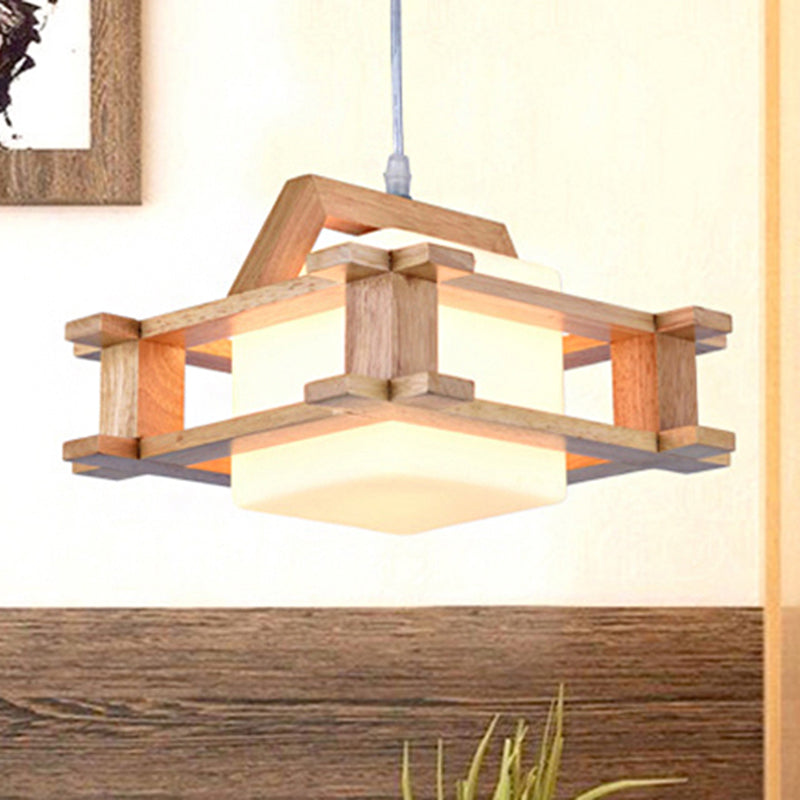 Contemporary Cube Suspension Light with Wood Guard Glass 1 Light Beige Pendant Light for Bedroom