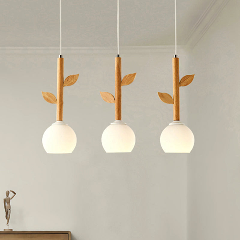 Rustic Style White Pendant Lamp Flower Shape 3 Lights Glass Ceiling Pendant with Wood Leaf for Kitchen