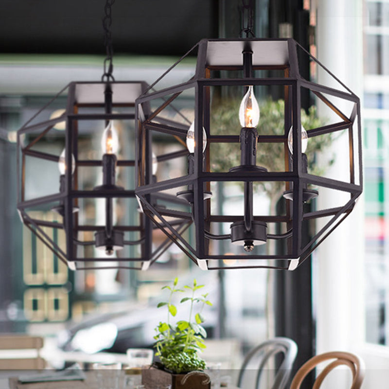 Metal Geometric Hanging Chandelier Traditional 3 Lights Living Room Pendant Light in Black with/without Shade