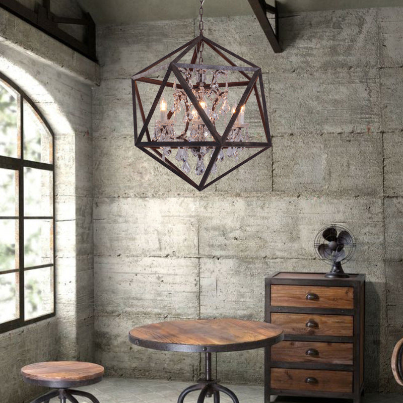 6 Bulbs Geometric Chandelier Light Traditional Rust Metal Hanging Ceiling Fixture with Clear Crystal Drop