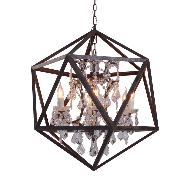 6 Bulbs Geometric Chandelier Light Traditional Rust Metal Hanging Ceiling Fixture with Clear Crystal Drop