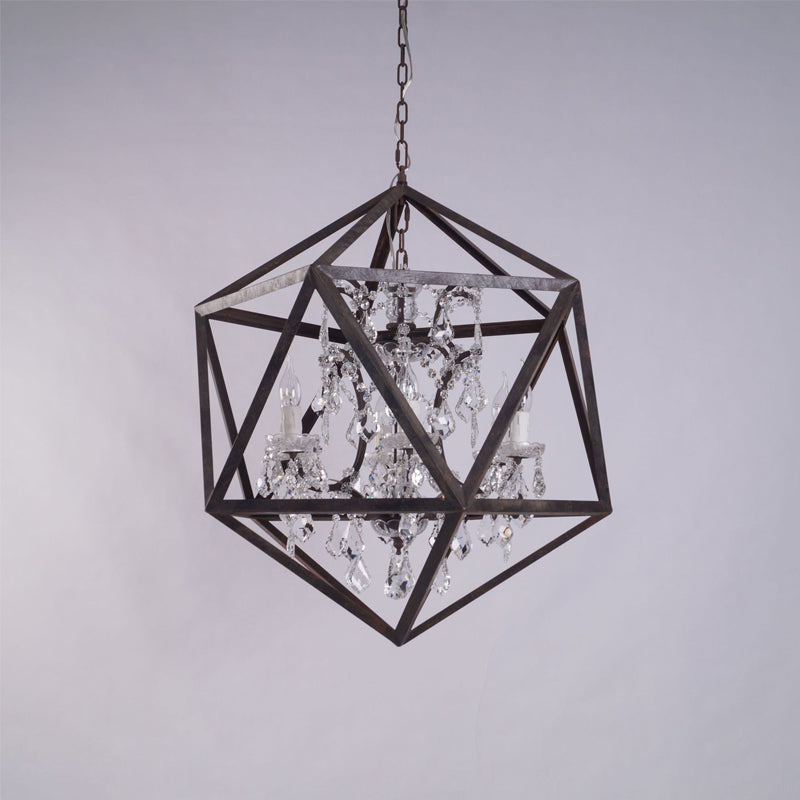 6 Bulbs Geometric Chandelier Light Traditional Rust Metal Hanging Ceiling Fixture with Clear Crystal Drop
