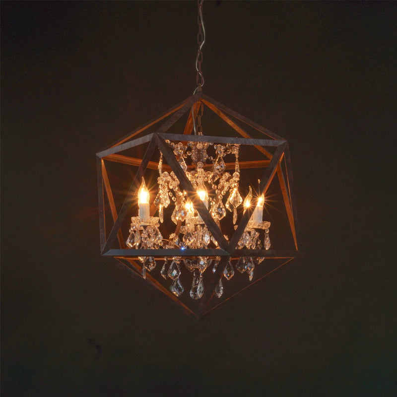 6 Bulbs Geometric Chandelier Light Traditional Rust Metal Hanging Ceiling Fixture with Clear Crystal Drop