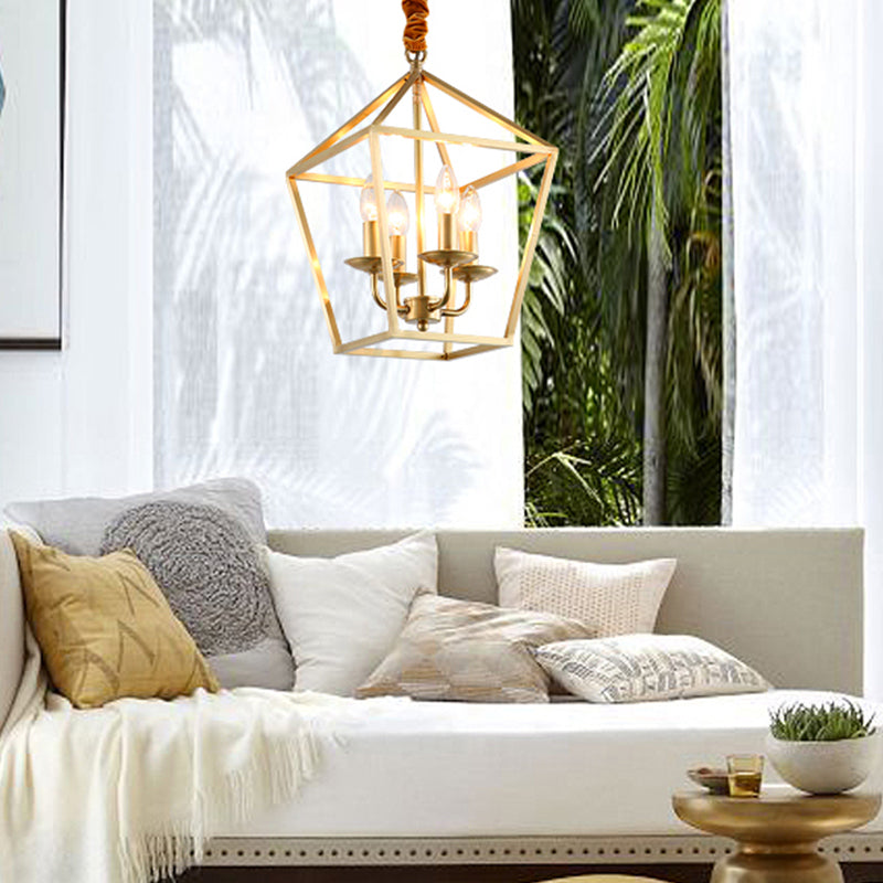 4 Bulbs Ceiling Lamp with Geometric Shade Metal Traditional Dining Room Chandelier Pendant Light in Gold