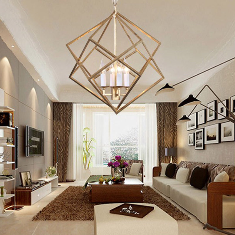 4 Lights Metal Pendant Chandelier Classic Gold Rhombus Living Room Hanging Ceiling Fixture with Candle Shade