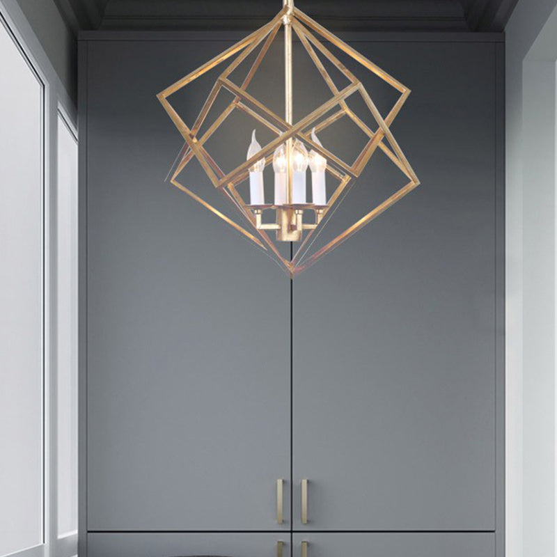 4 Lights Metal Pendant Chandelier Classic Gold Rhombus Living Room Hanging Ceiling Fixture with Candle Shade