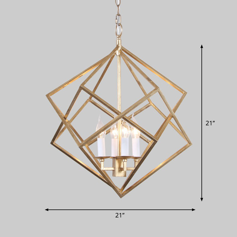 4 Lights Metal Pendant Chandelier Classic Gold Rhombus Living Room Hanging Ceiling Fixture with Candle Shade