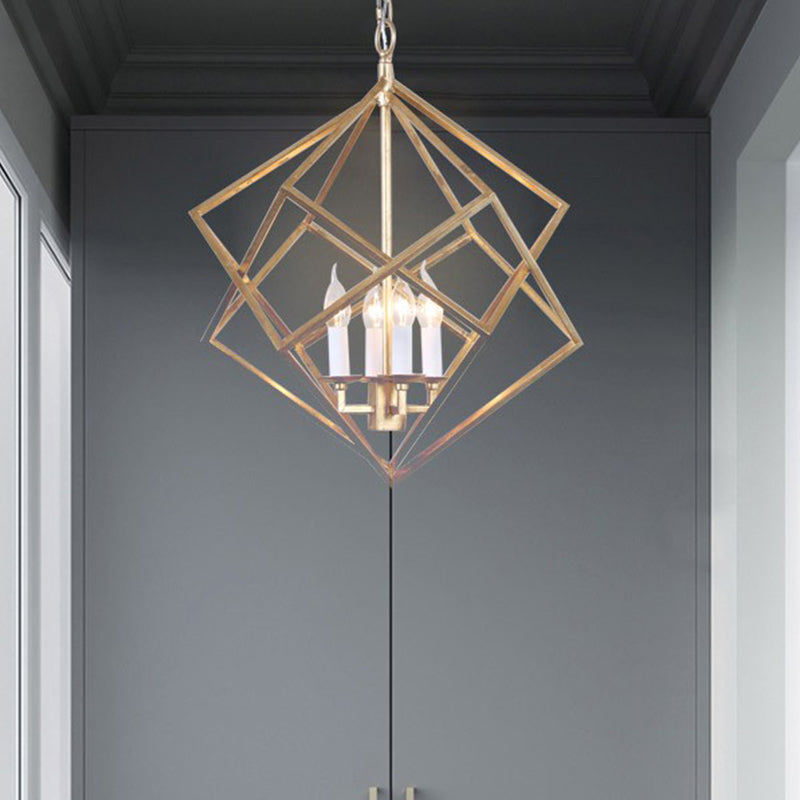 Geometric Metal Chandelier Light Traditional 6 Lights Living Room Pendant Lighting in Brass/Chrome