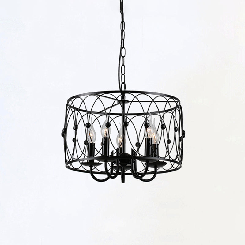 Black Drum Hanging Chandelier Rustic Style Metal 6 Heads Living Room Pendant Ceiling Light with Candle Design
