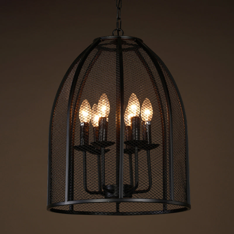 Black Iron Mesh Chandelier Lamp Traditional Metal 6 Lights Living Room Hanging Light