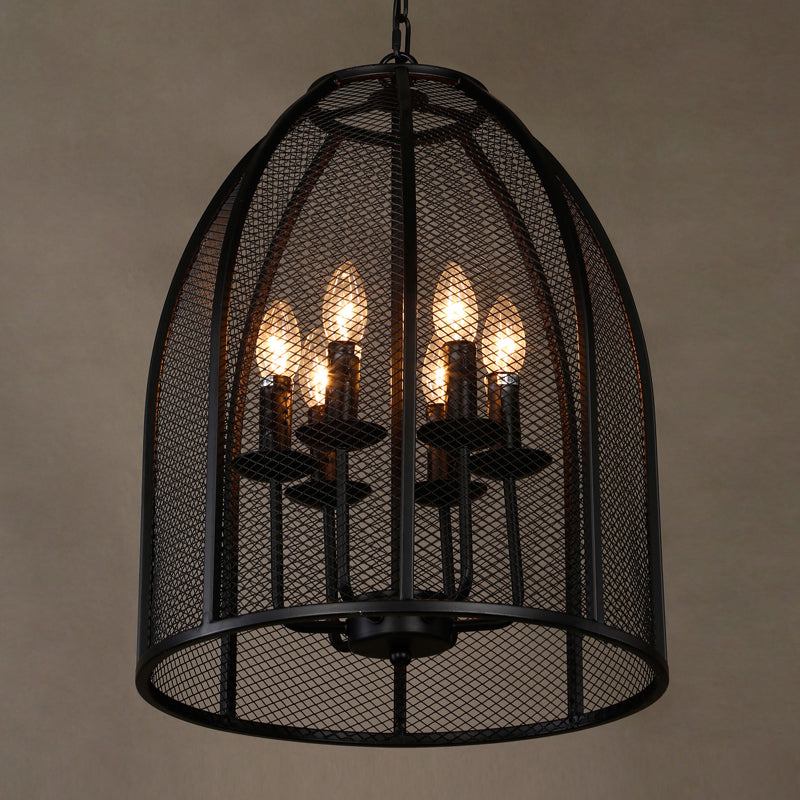 Black Iron Mesh Chandelier Lamp Traditional Metal 6 Lights Living Room Hanging Light