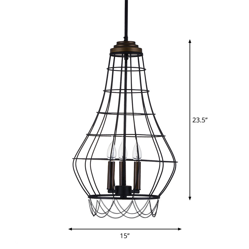 Metal Candle Hanging Chandelier Traditional 3 Lights Living Room Pendant Light with Cage