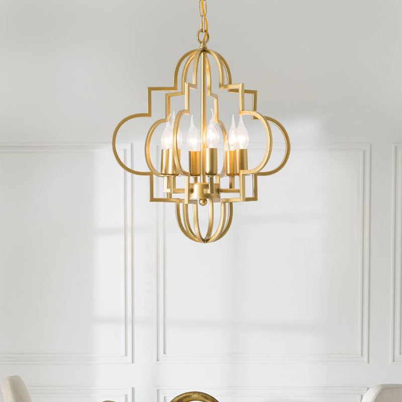 Metal Gold Pendant Lamp Candle Shade 6 Lights Classic Chandelier Light Fixture for Bedroom