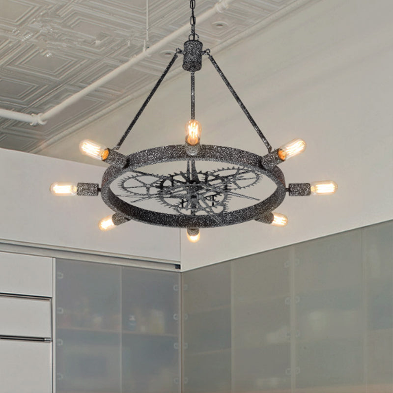 7/8 Bulbs Iron Hanging Chandelier Industrial Black/Silver Gear Wheel Dining Table Suspended Lighting Fixture with Exposed Bulb Design