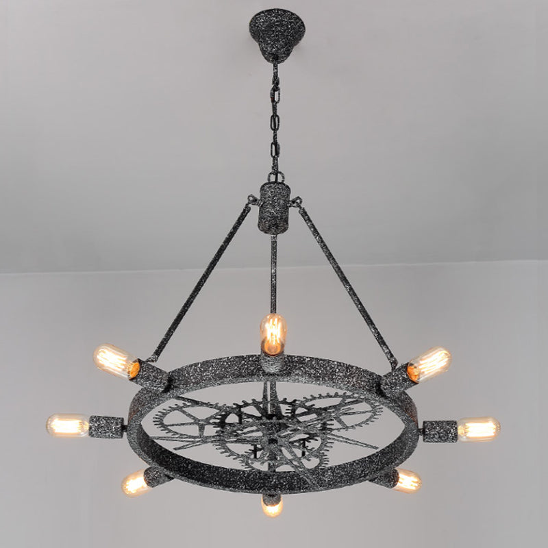 7/8 Bulbes Fer Chandelier suspendu industriel Black / Silver Gear Roue à manger Table d'éclairage en suspension avec conception de bulbe exposée