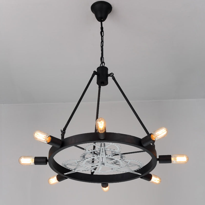 7/8 Bulbs Iron Hanging Chandelier Industrial Black/Silver Gear Wheel Dining Table Suspended Lighting Fixture with Exposed Bulb Design