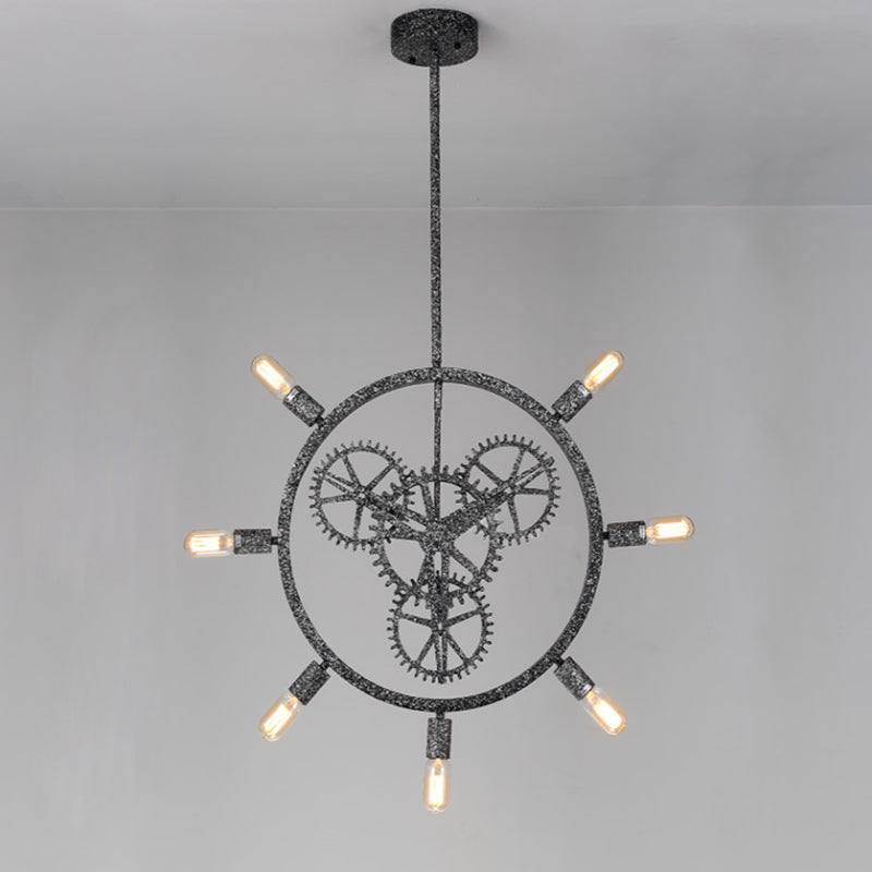 7/8 Bulbes Fer Chandelier suspendu industriel Black / Silver Gear Roue à manger Table d'éclairage en suspension avec conception de bulbe exposée