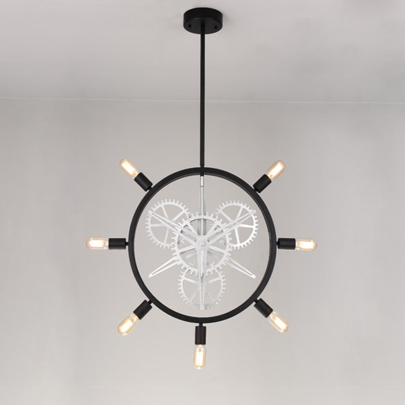 7/8 Bulbs Iron Hanging Chandelier Industrial Black/Silver Gear Wheel Dining Table Suspended Lighting Fixture with Exposed Bulb Design