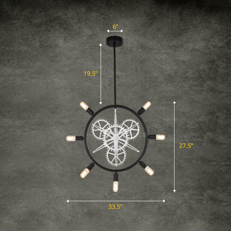 7/8 Bulbs Iron Hanging Chandelier Industrial Black/Silver Gear Wheel Dining Table Suspended Lighting Fixture with Exposed Bulb Design